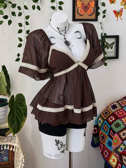 Sunspun 春夏秋三季波西米亚风甜美优雅外出上衣，蝴蝶结雪纺拼接镂空蕾丝饰边系带荷叶边下摆短袖衬衫