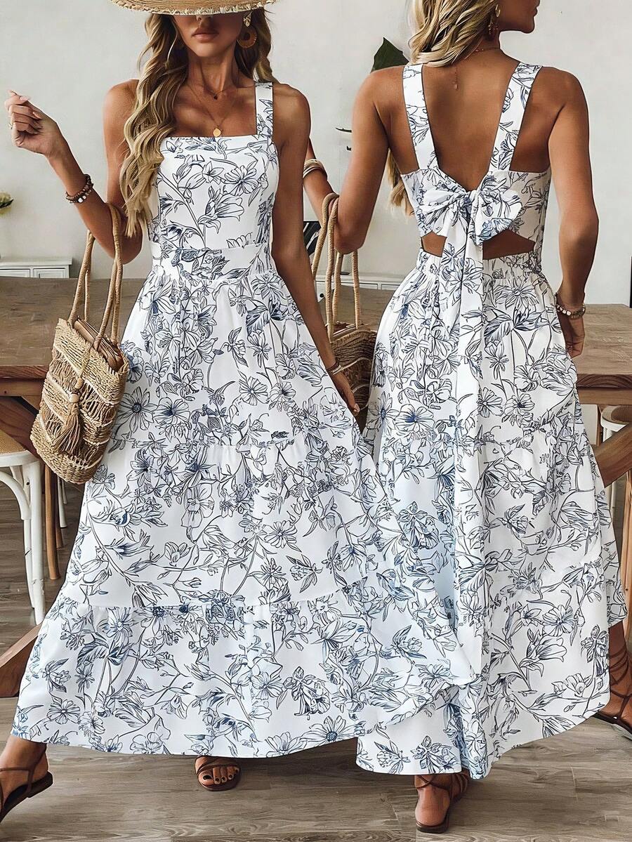 SHEIN 女士蓝白碎花露背蝴蝶结腰A字连衣裙，魅力优雅休闲度假通勤性感时尚约会法式街头复古百搭春夏蓝白新款长裙 - 彩色 - 查看 1