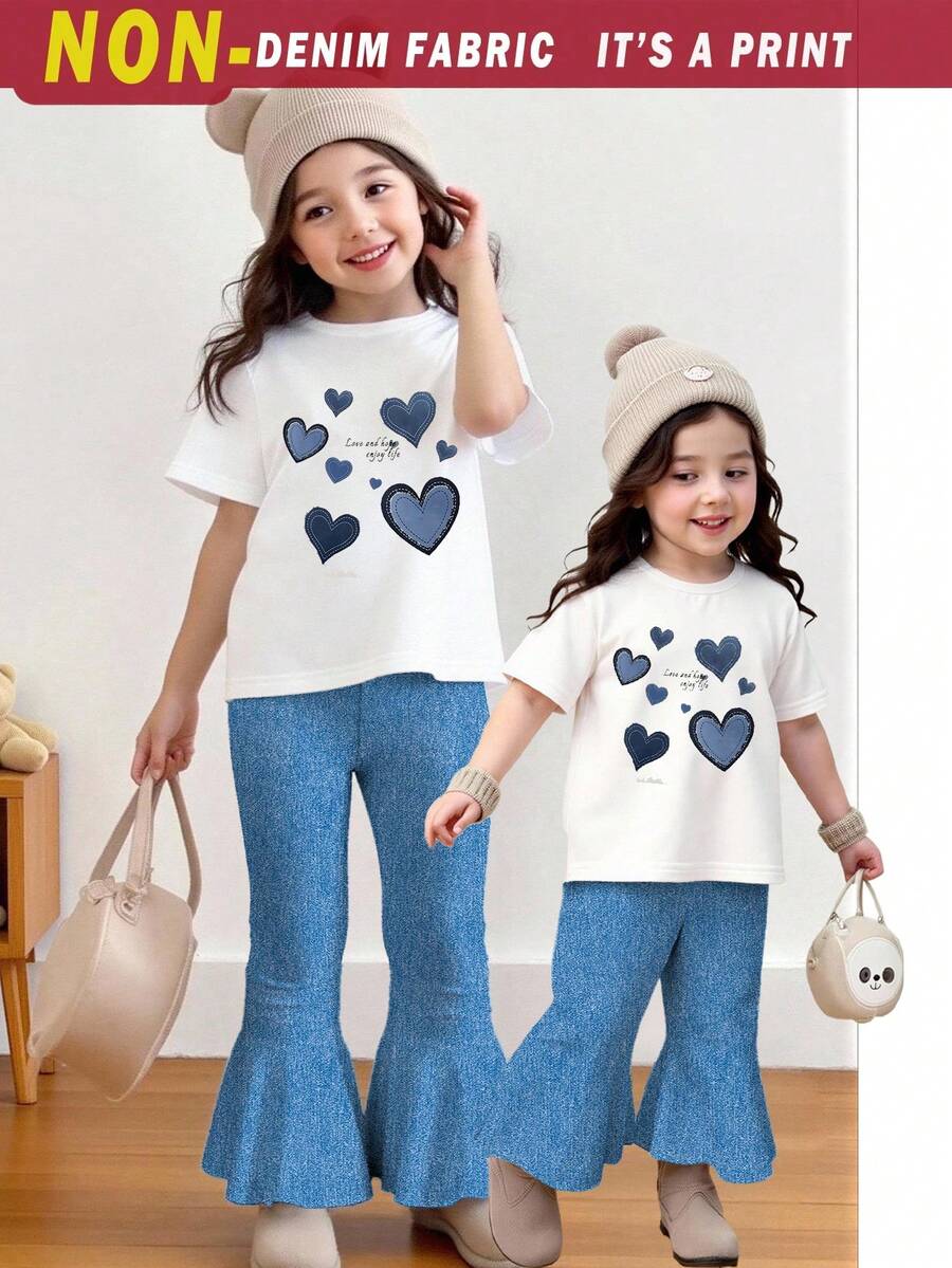 Set de 2 piezas Camiseta y pantalones estilo vaquero con estampado completo para niñas pequeñas, lindo y alegre, versátil para combinar, adecuado para salidas en primavera, verano, otoño e invierno - Multicolor - Ver 1