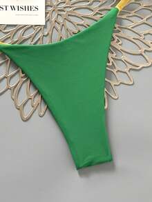 Swim Vcay Neck Tie Colorblock Thong Bikini Set, Cute Swimwear - Green - View 10