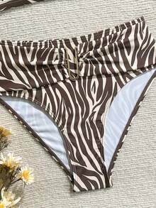 Swim Chiccia 2026春夏棕色粗肩带可调节后背金色U型装饰高腰荷叶边设计女士优雅比基尼泳装两件套 - 彩色 - 查看 4