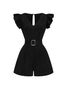 Endroma Women's Woven V-Neck Cap Sleeve Metal Buckle Waist Cinched Casual Jumpsuit - Black - View 3