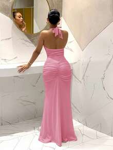 Slaydiva 2025新款优雅深V领美人鱼连衣裙，适合派对、生日、酒吧、夜店、情人节、万圣节、圣诞节等场合 - 棕色 - 粉色 - 查看 2