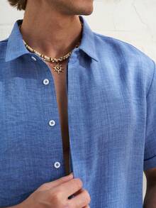 Airaco 男士时尚休闲竹编短袖衬衫套装 - 藍色 - 查看 6