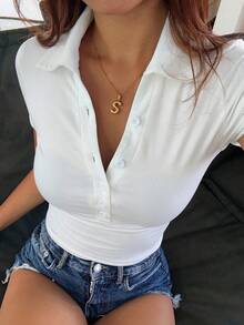 DAZY Women's Collared Half-Zip Short Sleeve Fitted Casual T-Shirt Y2k Summer Crop Top - White - View 11