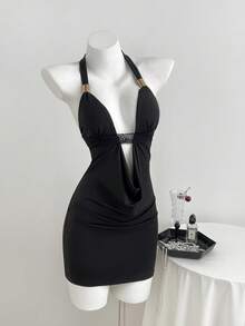 Elamini Women's Black Minimalist Casual Sexy Draped Neck Lace Trim Fitted Mini Dress Black Club Dress Sexy Black Dress For Women Black Cut Out Dress Criss Cross Dress Black Vacation Dress - Black - View 4