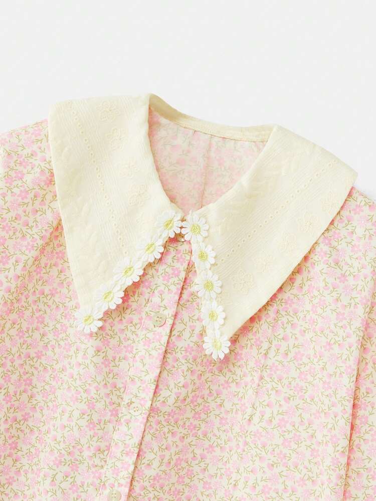 Pale Yellow Floral Shirt With Daisy Trim And Textured Fabric Spring Summer French Style Parisian Style Peter Pan Collar Blouse Collared Shirt Preppy Tops