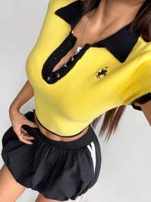 SHEIN 春夏新款翻领纽扣短袖撞色滚边提花修身休闲女式套头毛衣 - 彩色 - 查看 6
