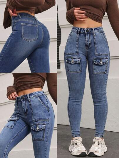 Jeans Ajustados de Cargo con Múltiples Bolsillos de Alta Elasticidad de Color Gris Oscuro/Azul Claro/Azul Oscuro/Azul Claro para Mujer, Pantalones que Levantan las Nalgas y Adelgazan las Piernas