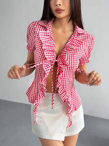 valorelle valorelle 女士休闲运动双色格子性感系带短袖开衫衬衫 - 紅色 - 查看 3