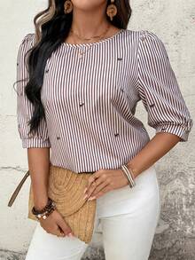 Linhara Blouse élégante de style français à manches mi-longues, avec nœud papillon et rayures, pour grande taille. Top décontracté et de bureau, idéal pour le printemps, l'été et l'automne. Nouveaux hauts élégants et décontractés pour femmes d'été avec blouse rayée - Tabac - Voir 5