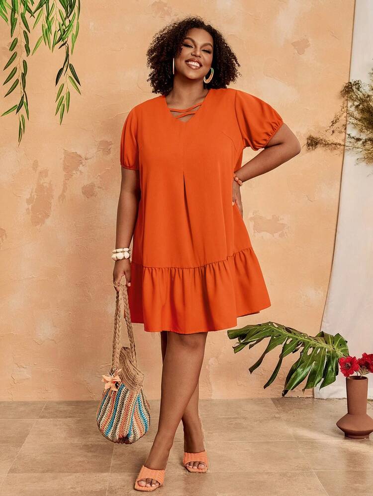 BrightlyHer Plus Size Women Solid Color V-Neck Short Petal Sleeve Ruffle Hem Vacation Dress Women's Plus Size Dresses Women's Holiday Clothes Plus Size Dress Vacation Women's Summer Outfits Summer Outfits Summer Clothes Spring Dress Spring Outfit Women Spring Clothing Beach Vacation Outfits For Women Vacation Dress Bohemian Festival Outfits For Women Beach Outfits For Women - Burnt Orange - View 6