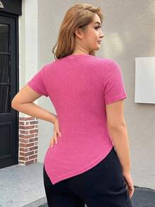 SHEIN EZwear Áo thun ngắn tay ôm dáng màu đen khoét lỗ dành cho nữ cỡ lớn, trang phục mùa xuân hè. - Màu Hồng Tươi - Xem 2