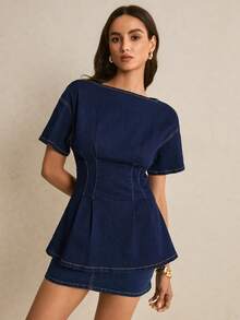 Poéselle Áo sơ mi denim ôm dáng tay ngắn cổ thuyền dành cho nữ - Rửa tối - Xem 3