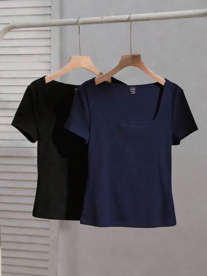 SHEIN EZwear 两件套女士方领短袖休闲修身性感T恤，黑色和藏青色，适合夏季穿着。