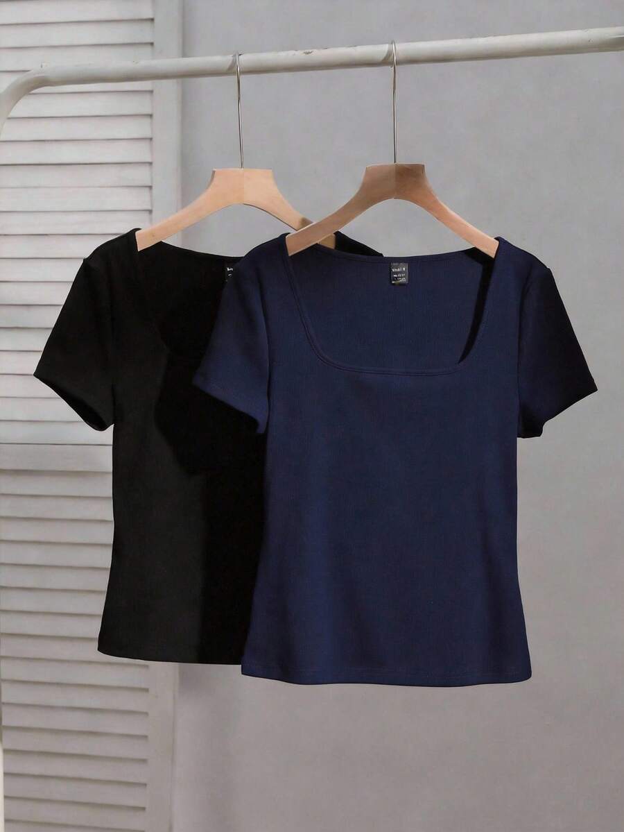 SHEIN EZwear 两件套女士方领短袖休闲修身性感T恤,黑色和藏青色,适合夏季穿着。 - 彩色 - 查看 1
