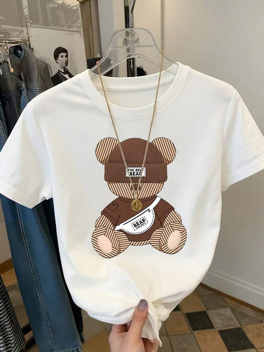 EMERY ROSE Women's Bear Graphic Short Sleeve Casual Round Neck T-Shirt, Versatile For Summer - White - View 1