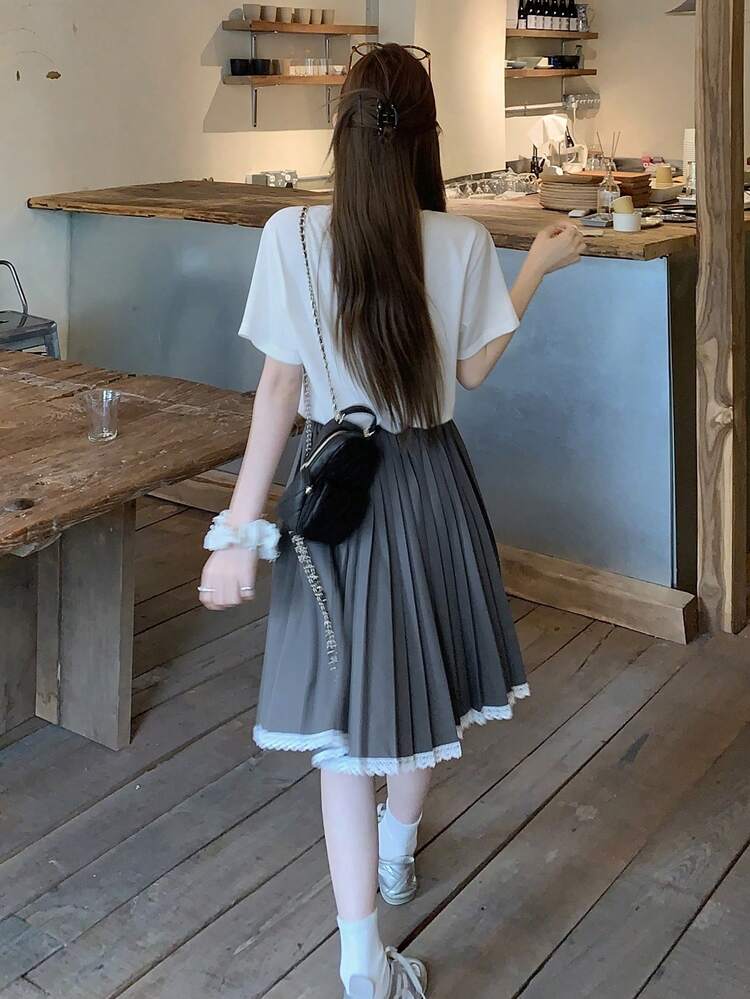 Teen Girls' Round Neck Short Sleeve Dropped Shoulder Casual Bow Decor Loose T-Shirt Set, Summer