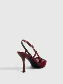 CUCCOO SZL Tacones altos de punta fina para mujer, con malla negra, adornados con rhinestones, de estilo glamoroso y sexy para fiestas y ocasiones especiales, con correa para el tobillo - Borgoña 1 - Ver 3