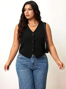 Enliva Plus Size Black Lightweight Vest, Women Office Wear, For Apple And Rounded Body Shape, For Summer - Black - View 8