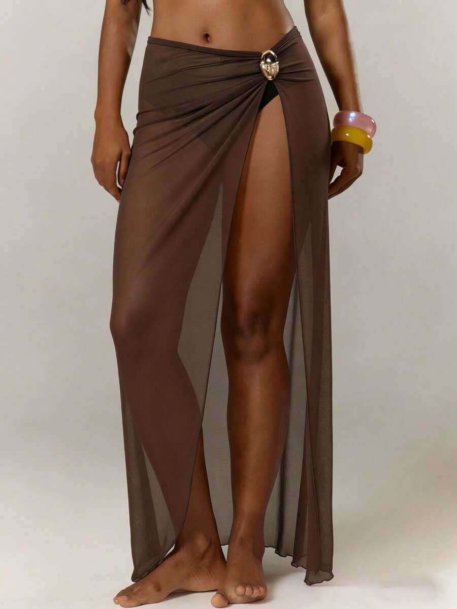 Swim Vcay Women's Summer New Vacation Style High Slit Mesh Swimwear Bottom - Brown - View 1