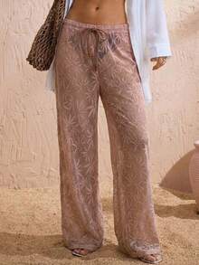 Swim Vcay 2026 New Women's Summer Beach Vacation Casual Versatile Leaf Textured Hollow Fabric Tie-Up Loose Beach Pants And Cover-Up - Pink - View 1