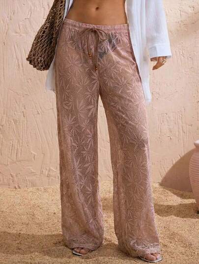 Swim Vcay 2026新款女士夏季沙滩度假休闲百搭树叶纹理镂空面料系带宽松沙滩裤和罩衫