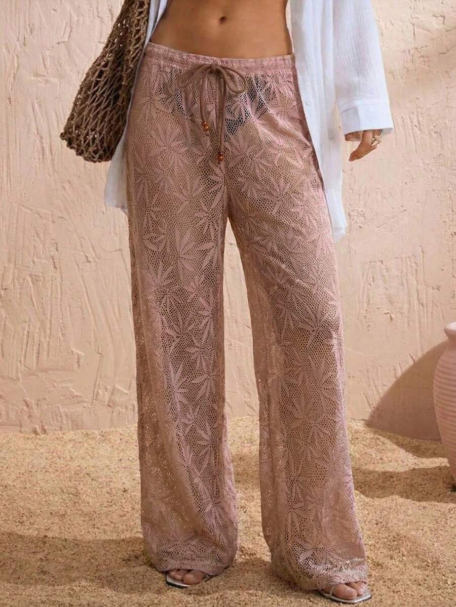 Swim Vcay 2026 New Women's Summer Beach Vacation Casual Versatile Leaf Textured Hollow Fabric Tie-Up Loose Beach Pants And Cover-Up - Pink - View 1