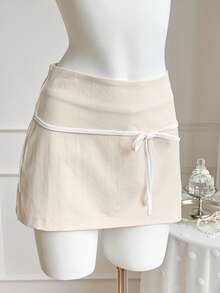 SHEIN EZwear 女士杏色撞色迷你裙，超短系带腰裙，春夏款 - 杏色 - 查看 4