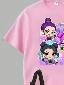 SHEIN 2pcs/Set Young Girl Casual Fashionable Creative Personalized Refreshing Minimalist Cute Virtual Girl Group Cartoon Character Colorful Star Moon Diamond Heart Gradient Print Short T-Shirt And Leggings Outfit, Comfortable Daily Wear, Suitable For Spring, Summer, Autumn - Multicolor - View 5