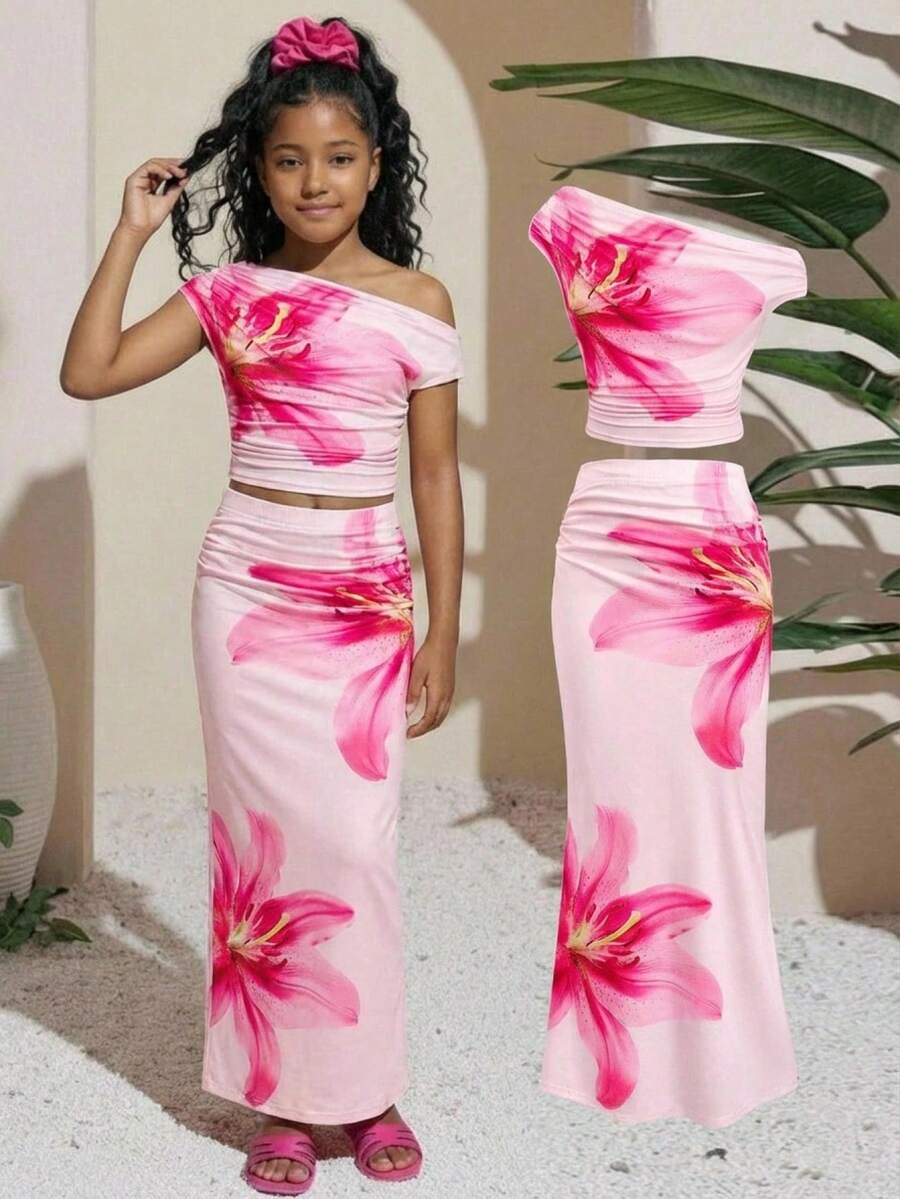 SHEIN Tween Girl Casual Vacation Off-Shoulder Lily Flower Print Fitted Ruched Knit T-Shirt And Fitted Long Skirt Set, Pink Floral Two Piece Set Long Skirt 2 Piece Set Flower Two Piece Girls