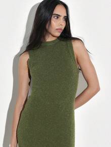 KSTM 女士橄榄绿无袖露背修身长款毛衣连衣裙，秋冬晚装 - 綠色 - 查看 5