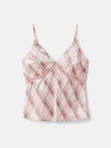 lacRébo Top de satén con estampado de cuadros y ribete de encaje, estilo vintage, estilo francés, estilo parisino, top a cuadros para vacaciones - Multicolor - Ver 8