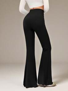 SHEIN Tall Pantalones acampanados de mujer con borde de lechuga elástico - Negro - Ver 2