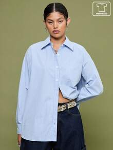 COUREZ Blue And White Stripe Oversized Long Sleeve Shirt With Back Print,Autumn Casual School Back-To-School Y2K Women's Blouses,Elegant Party Tops - Blue - View 1