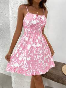 Breezaya 复古印花系带连衣裙，显瘦百搭，提亮肤色，度假风迷你连衣裙 - 粉色 - 查看 4