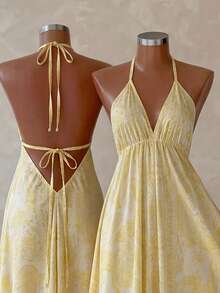 Breezaya Women's Summer Vacation Style Printed Open Back Drawstring Dress - Yellow - View 5