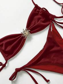 Swim Vcay Women's Solid Color Textured Fabric Metal Decor Backless Tie Sexy Bikini Set, Suitable For Beach & Holiday - Red - View 5