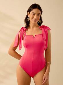 CAJUNI 女士小 V 领粉色系带紧身衣，度假休闲海滩夏季紧身衣 - 粉色 - 查看 1