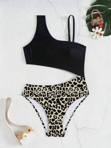 Tween Girl Leopardmönstrad Off-Shoulder Baddräkt i Helt Delat, Lämplig För Strandsemester, Poolparty, Strandfest - Svart - Visa 3