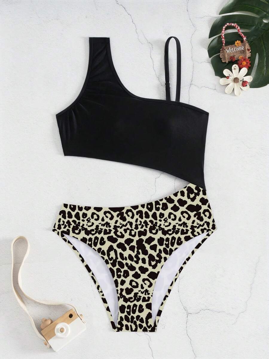 SHEIN Tween Girl Leopard Print One Shoulder One-Piece Swimsuit,Pink Cheetah Print,Summer,Casual,Beach,Holiday Full Coverage Bathing Suits For Teenagers - Black - View 1