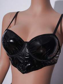 5pcs Set Glossy PU Leather Underwire Bustier & Tulle Skirt Sexy Lingerie Set, Versatile - Black - View 8