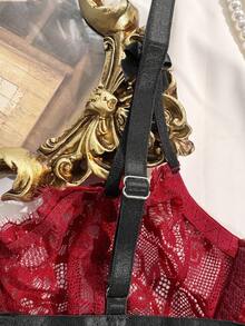 2pcs Lace Patchwork Lingerie Set - Red - View 12