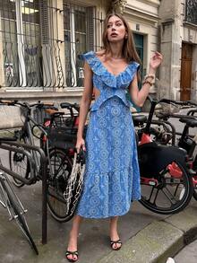 Pariaura Women's Floral Print Ruffle Hem Vacation Dress - Blue and White - View 6