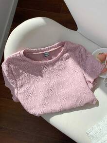 Comfortcana Beige Jacquard Knit Crew Neck Basic Short Sleeve T-Shirt, Summer - Mauve Purple - View 5