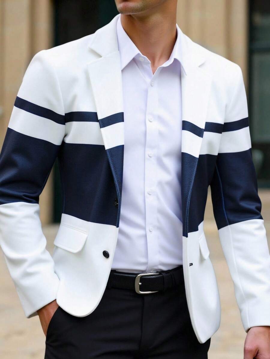 Manfinity Mode 男士撞色单排扣休闲百搭通勤西装外套，搭配海军蓝白条纹衬衫，男士休闲衬衫，蓝白套装，男士商务休闲衬衫，男士撞色衬衫，适合日常休闲、周末旅行、户外活动、探险旅行、轻松的工作环境或半正式场合，可作为男友/丈夫礼物、周年纪念/生日礼物、派对、暑假、婚礼、春夏等场合穿着。 - 白色 - 查看 1