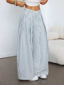 SHEIN PETITE Quần dài nữ mùa hè kiểu vintage, phong cách hippie, dáng rộng, màu xanh rêu quân đội. - Màu xanh lam - Xem 12