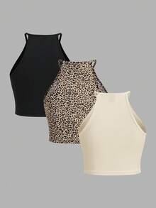SHEIN EZwear 3件装豹纹休闲背心，适合夏季穿着，多件装女式露脐上衣，豹纹上衣，动物纹上衣，猎豹纹上衣，夏季上衣 - 彩色 - 查看 2