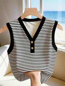 Franclia 女士休闲黑白条纹印花V领金属质感舒适时尚背心，时尚休闲通勤装、商务办公装、百搭时尚日常休闲装、都市教师职业装 - 黑與白 - 查看 1