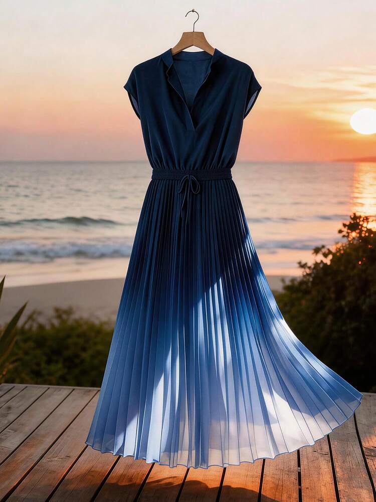 GlowEve Women's Ombre Pleated Hem A-Line Dress,Navy Blue,Summer,Elegant,Holiday,Tea Party,Holiday,Waist Cinched Sleeveless French Chic Mid-Length Party Dress